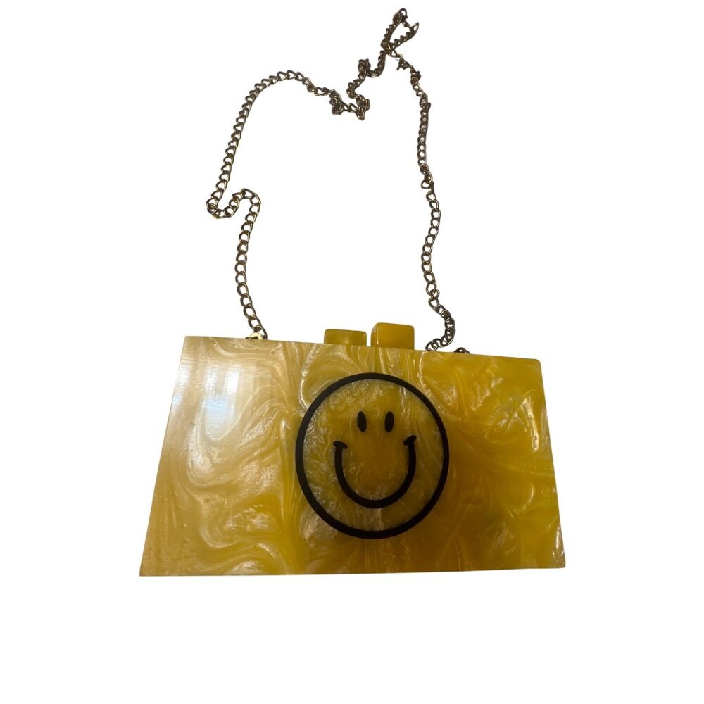 Lulu‎ Yellow Swirl Acrylic Clutch Bag With Chain Strap & Smiley Face Design